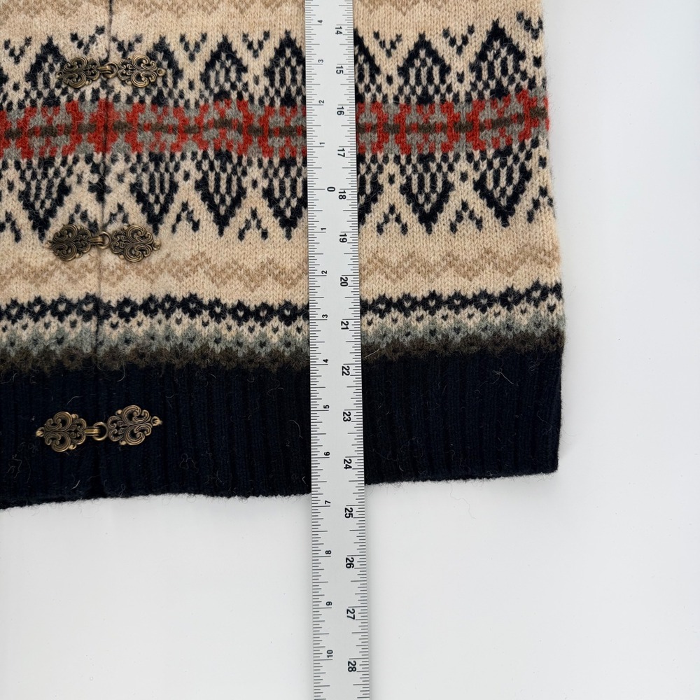 Susan Bristol Fair Isle Wool Cardigan Shawl Collar Metal Clasp L Beige Black - Picture 7 of 7